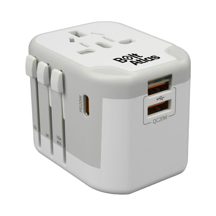 Tech Pack Power - A compact white power adapter with multiple plug options and USB ports. It features a visible logo on one side.