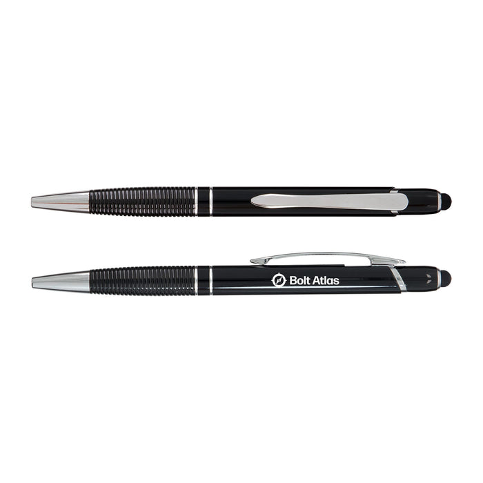 Tech Pack Power - A set of black pens with chrome accents, featuring a textured grip and a logo on one pen.