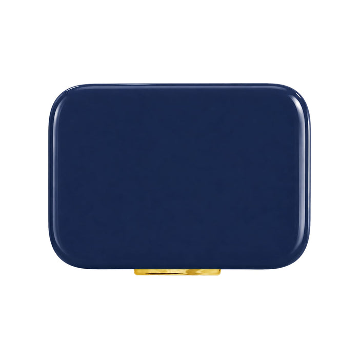 Pavilion Cooler by The Line Edit. - A navy blue Pavilion Cooler featuring a sleek rectangular design and a gold accent at the bottom. It has a branding logo.