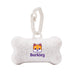 The Walkies Pack - A white, bone-shaped dog waste bag holder featuring a logo and a clip for easy attachment.