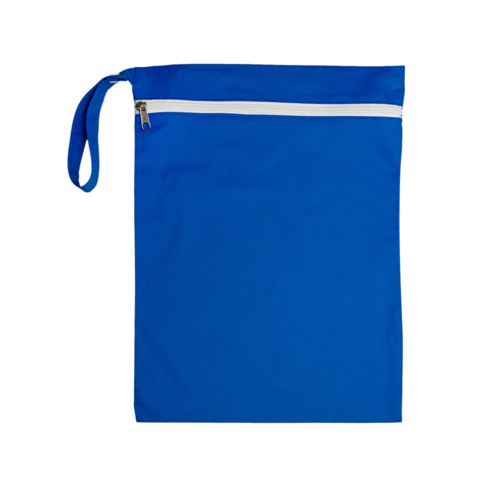 The Walkies Pack - A blue drawstring bag with a zippered pocket at the top and a handle. It has a smooth texture.