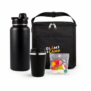 Daily Grind Pack - A drink bottle, black travel mug, and a cooler bag with assorted gummies in a clear pouch, featuring a logo.