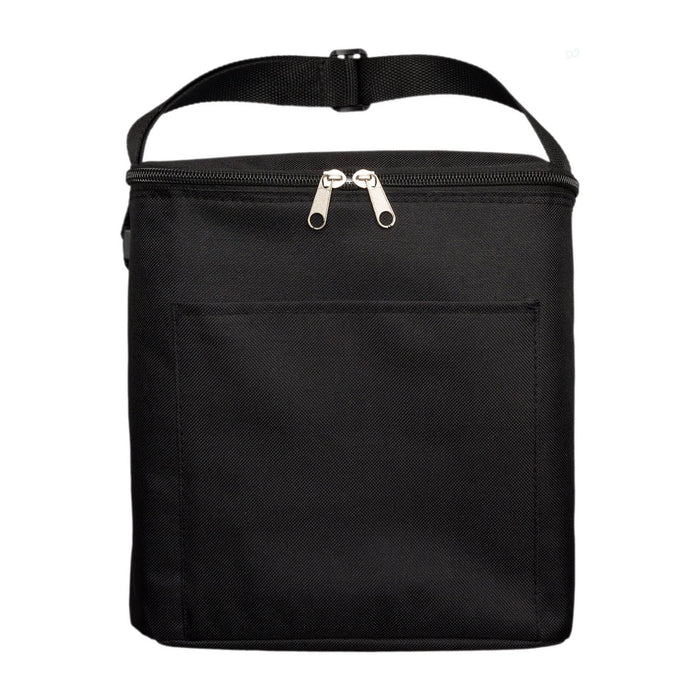 The Reel Deal - A black insulated lunch bag with a zip closure and adjustable strap, featuring a front pocket.