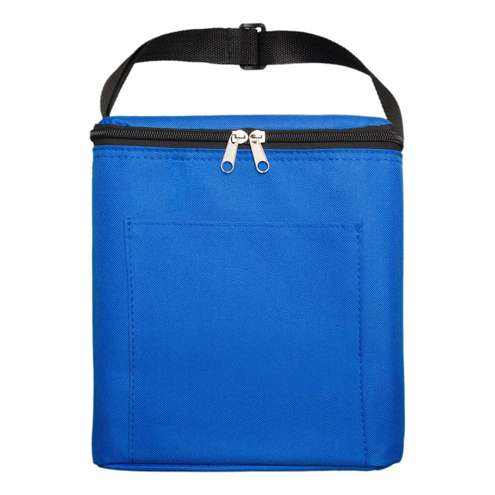 The Knock Off Pack - A blue cooler bag with a black zipper and handle, featuring a front pocket and a sturdy design.