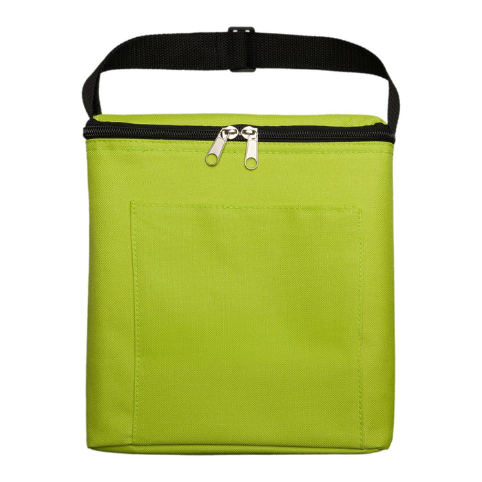 The Knock Off Pack - A green insulated bag with a zip closure and a front pocket, featuring a black strap for easy carrying.
