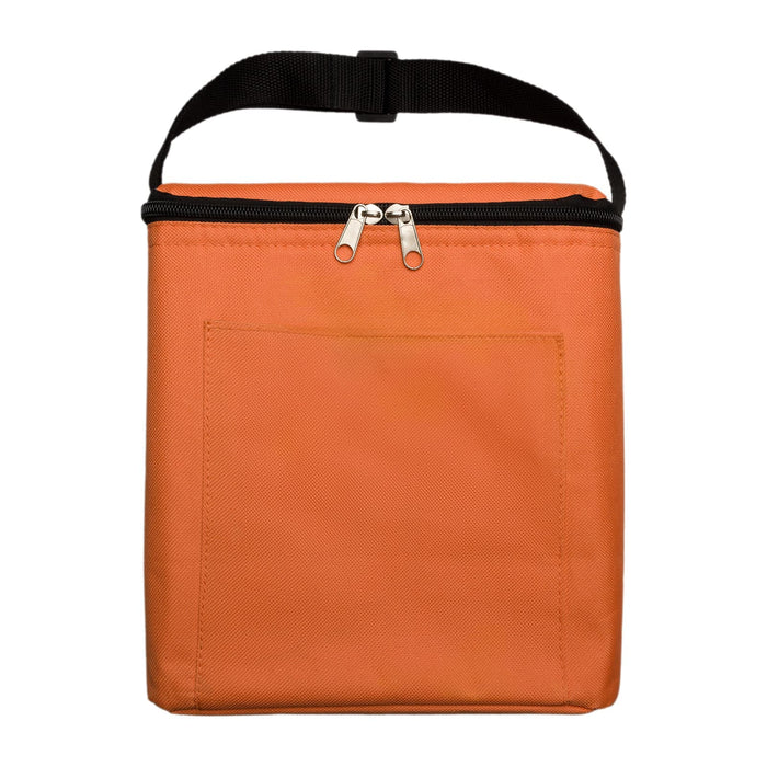 The Reel Deal - An orange insulated bag with a black zipper and a handle, featuring a front pocket.