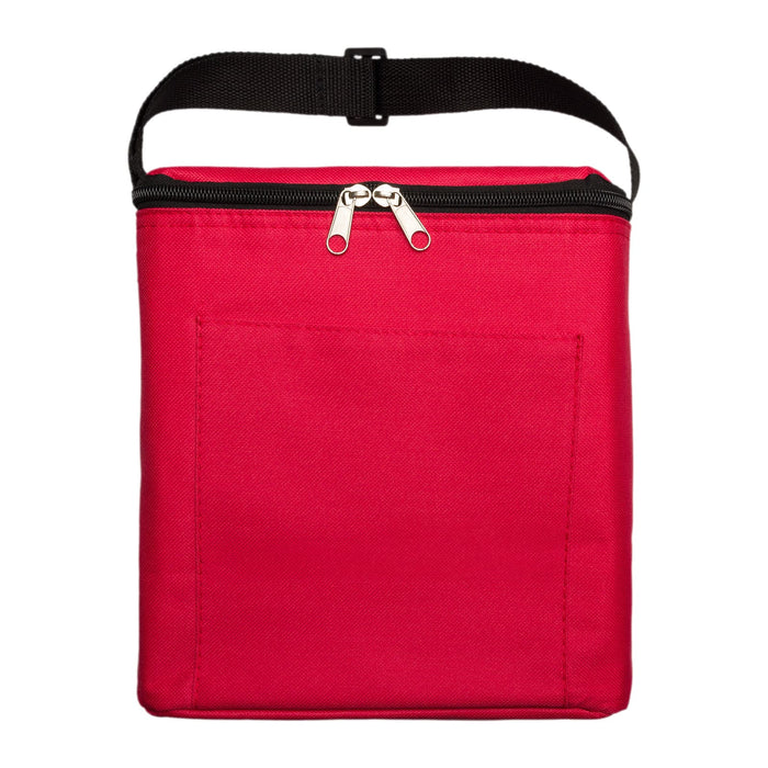 The Knock Off Pack - A red insulated bag with a zip closure and a front pocket, featuring a black strap on top.