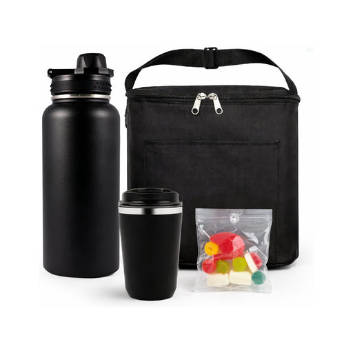 Daily Grind Pack - A drink bottle and a travel mug in matte black, alongside a cooler bag and a ziplock with assorted coloured gummies.