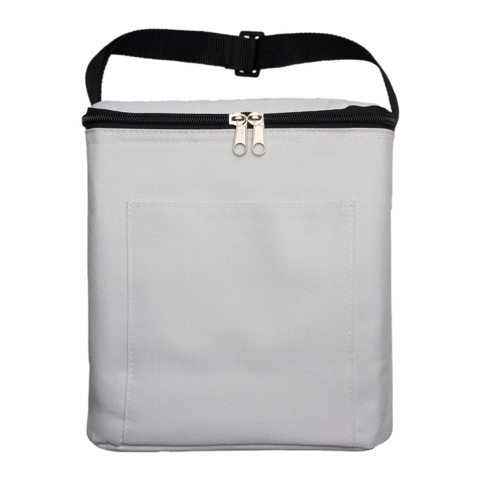 The Knock Off Pack - A grey insulated cooler bag with a zip closure and a black adjustable strap. It features a front pocket.
