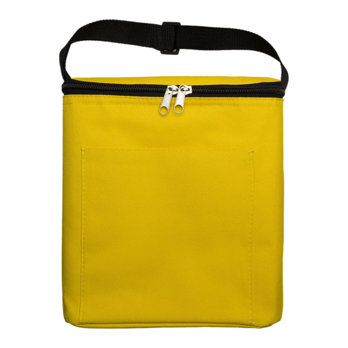 The Reel Deal - A yellow zippered tote bag with a black strap and a front pocket. It has a simple, solid design.