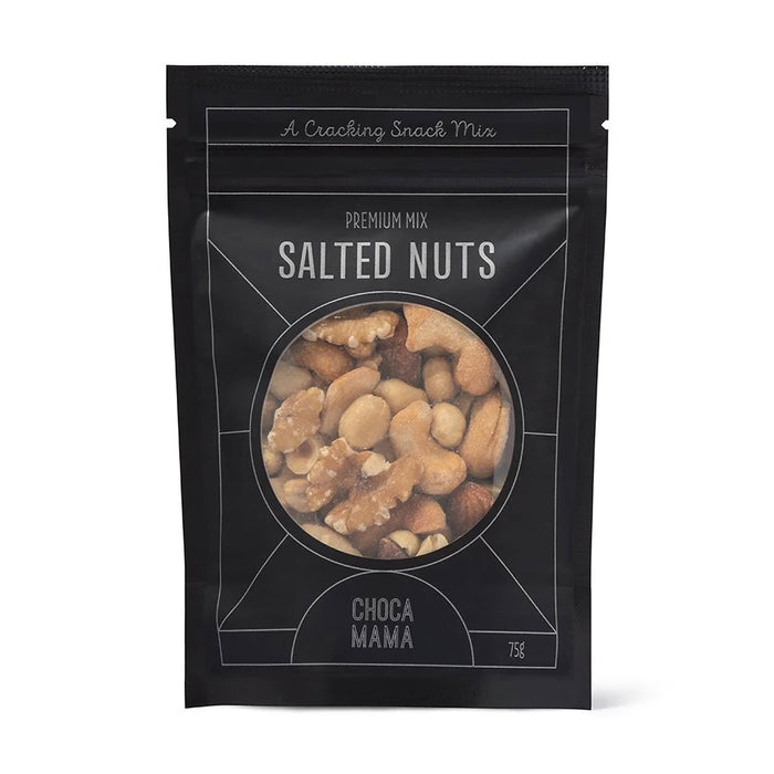The Perfect Pairing - A snack mix bag contains salted nuts, featuring a variety of nuts in a black packaging with a logo.
