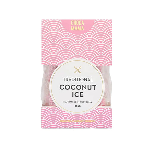 The Good Things - A pink and white packaged treat named "Traditional Coconut Ice," handmade in Australia, featuring a decorative design and a logo.