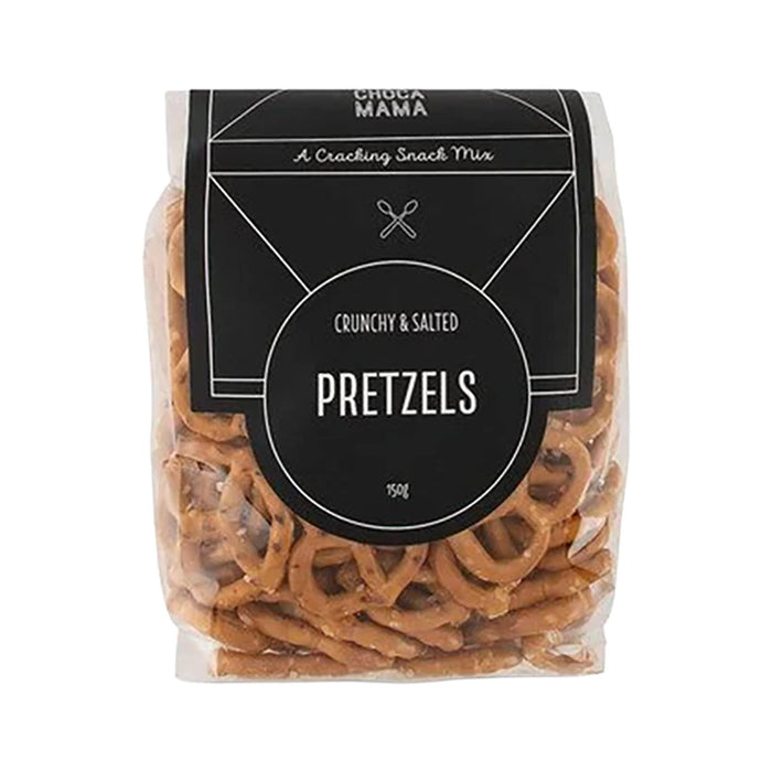 The Good Things - A clear bag of crunchy and salted pretzels in a brown and black packaging, featuring a logo.