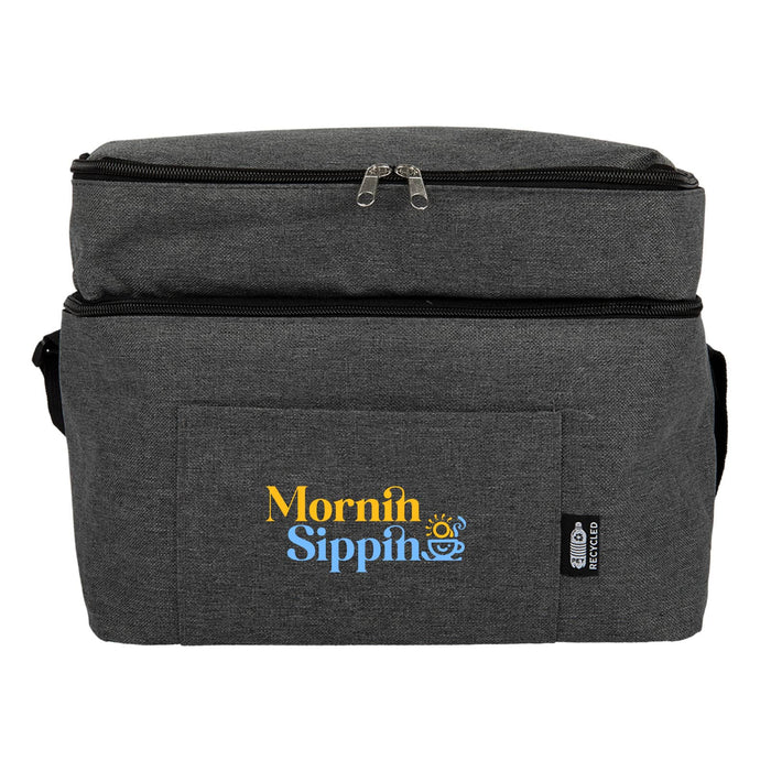 The Good Things - A grey insulated lunch bag with a front pocket and a logo featuring colourful text.