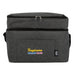 The Wine & Unwind - A drink bottle cooler bag in grey fabric with a zipped top and a front pocket. It features a logo.