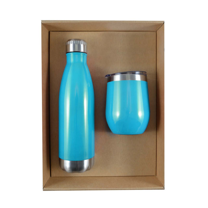 Pura Cardboard Gift Set - A drink bottle and matching tumbler set in bright blue, packaged together in a cardboard gift box.