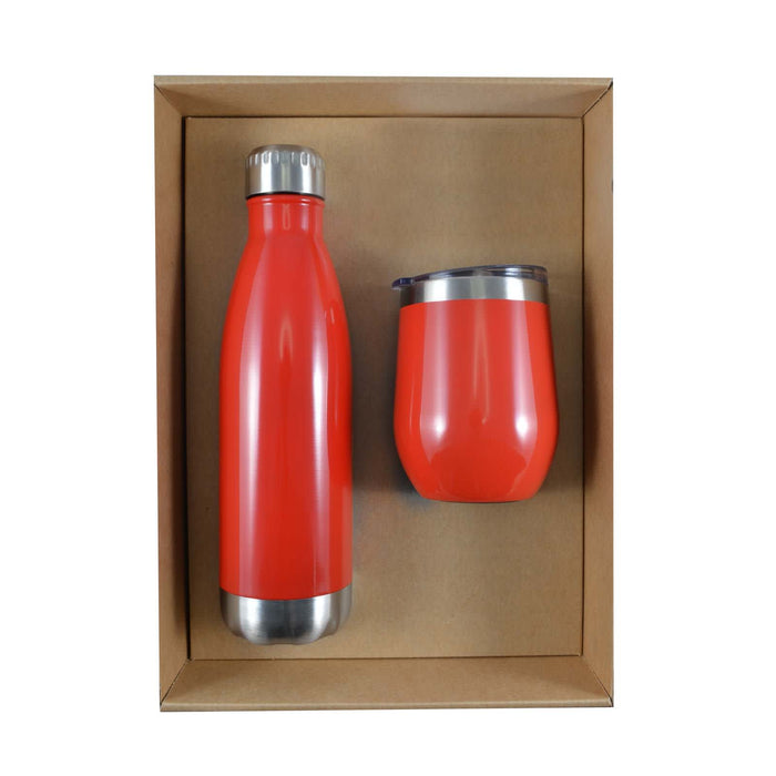 Pura Cardboard Gift Set - A drink bottle and a drinking cup in a vibrant red color, presented in a cardboard gift box.