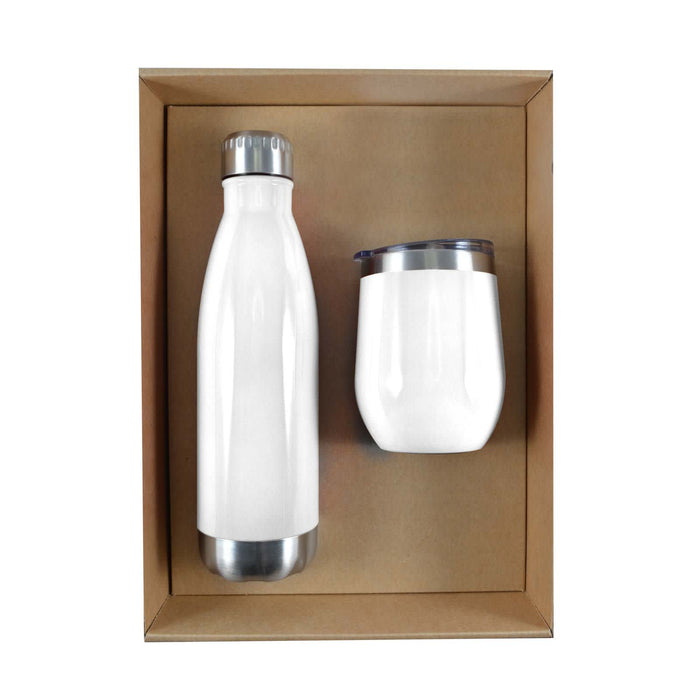 Pura Cardboard Gift Set - A drink bottle and a cup in white, presented in a cardboard gift set. Both feature stainless steel accents.