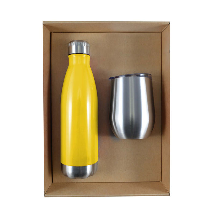 Pura Cardboard Gift Set - A drink bottle in bright yellow and a stainless steel cup are presented in a kraft cardboard gift box.