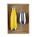 Pura Cardboard Gift Set - A drink bottle in bright yellow and a stainless steel cup are presented in a kraft cardboard gift box.