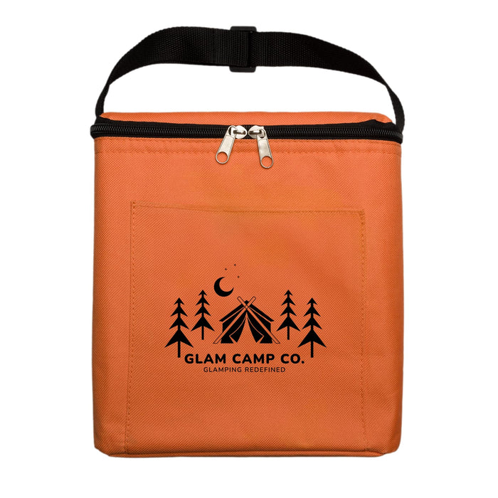 The Gone Fishing Pack - A zippered orange cooler bag with a front pocket and a logo featuring a tent and trees.