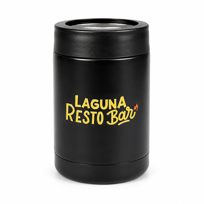The Gone Fishing Pack - A black drink bottle with a cylindrical design. It features a logo on the front.