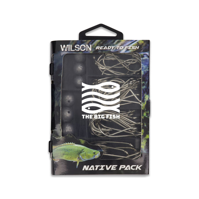 The Gone Fishing Pack - A fishing tackle pack with silver hooks, sinkers, and a logo, featuring a water-themed background.
