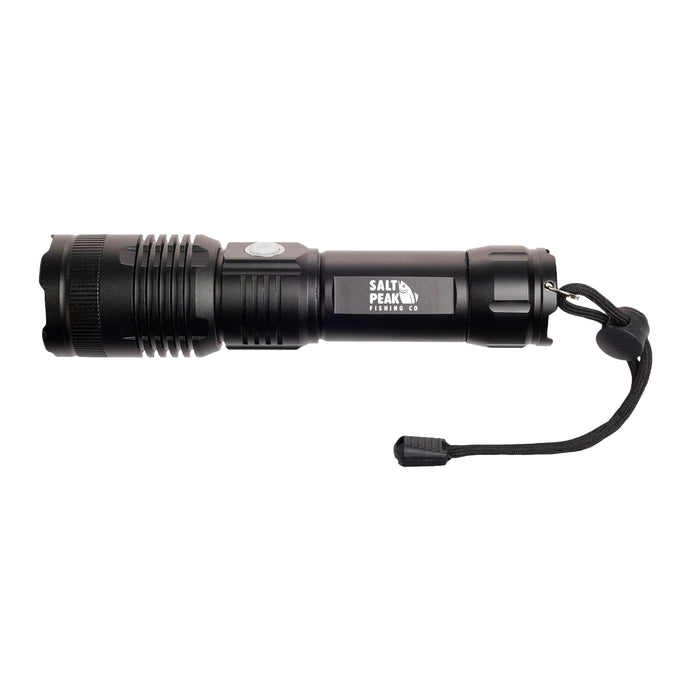 The Gone Fishing Pack - A black torch with a textured grip and a strap. It features a logo and is designed for outdoor use.