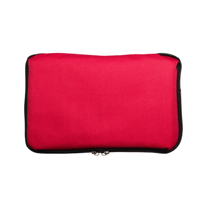 The Gone Fishing Pack - A red zippered pouch with a black trim, designed for outdoor and leisure activities. It features a logo.