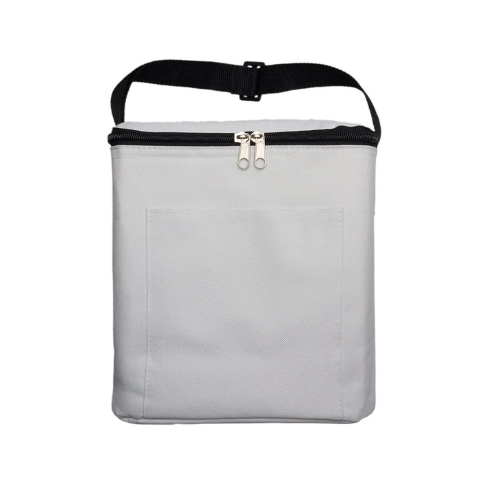 The Gone Fishing Pack - A grey cooler bag with a zippered top and a front pocket, featuring a black adjustable strap.