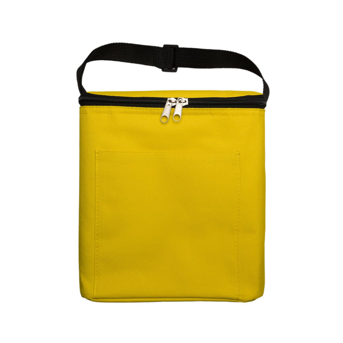 The Gone Fishing Pack - A yellow zippered cooler bag with a front pocket and a black strap, ideal for outdoor use.