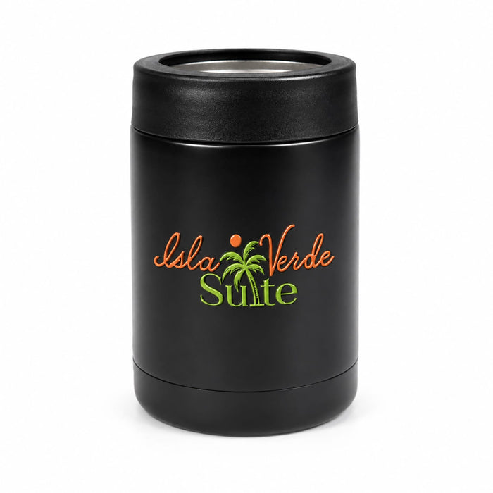 The Knock Off Pack - A black drink bottle with a logo featuring palm trees and text in orange and green.
