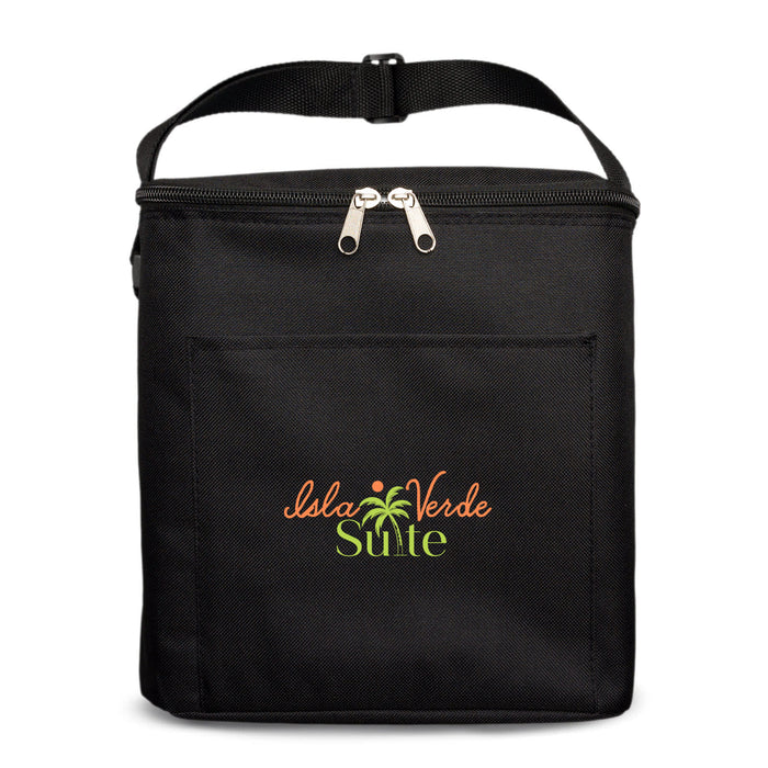 The Knock Off Pack - A black insulated bag with a zip closure and a logo on the front. It features a carry handle and a front pocket.
