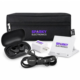 Tech Pack Connect - A black tech pack containing wireless earbuds, a charging cable, a power adapter, and a phone stand. It has a logo.