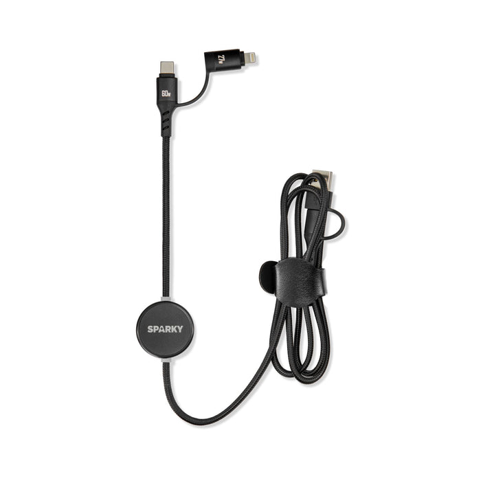 Tech Pack Connect - A black charging cable featuring a round connector with a logo, designed for various devices.