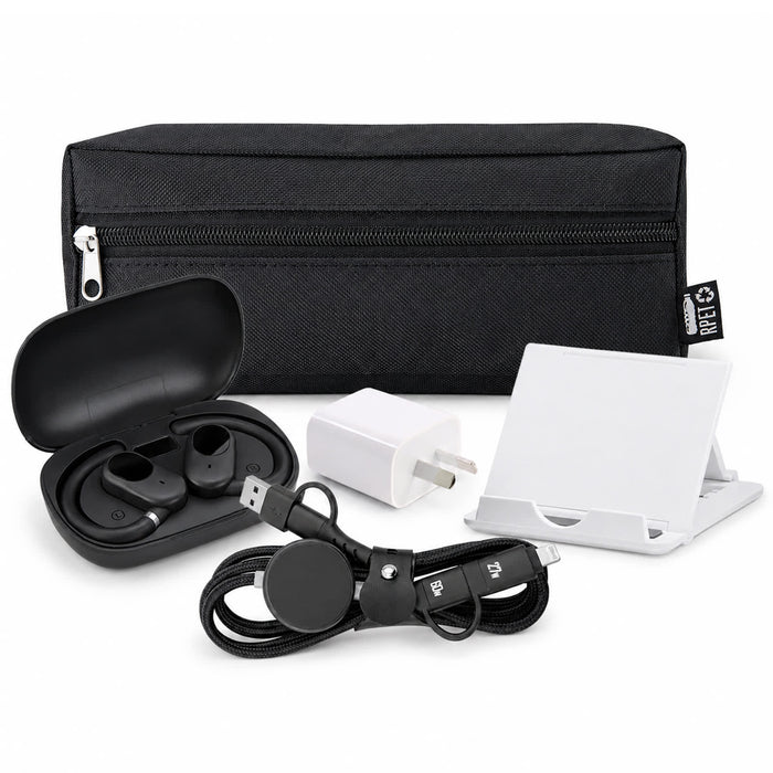 Tech Pack Connect - A black zippered pouch containing wireless earbuds, a charger, a phone stand, and a charging cable.