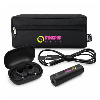 Tech Pack Charge - A black tech pouch contains wireless earbuds, a charging case, and a USB cable, featuring a logo.