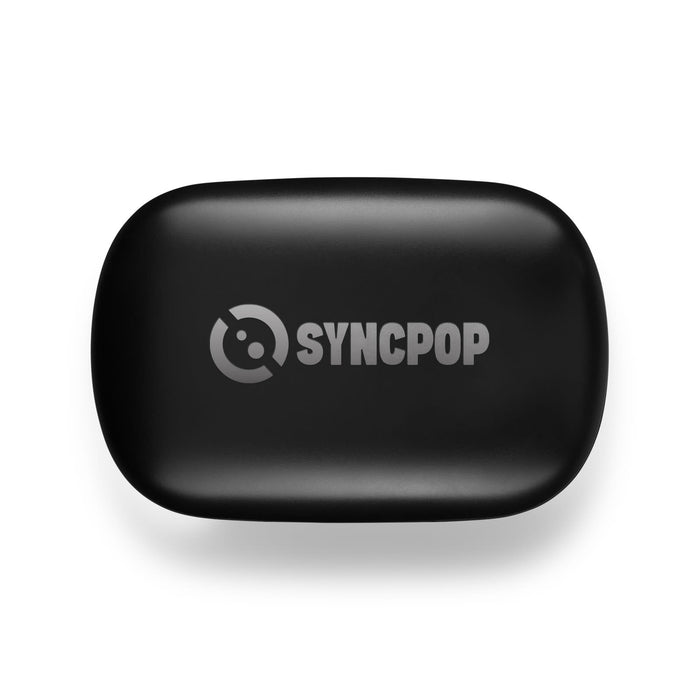 Tech Pack Charge - A black portable charging case with a logo and a smooth, rounded design.