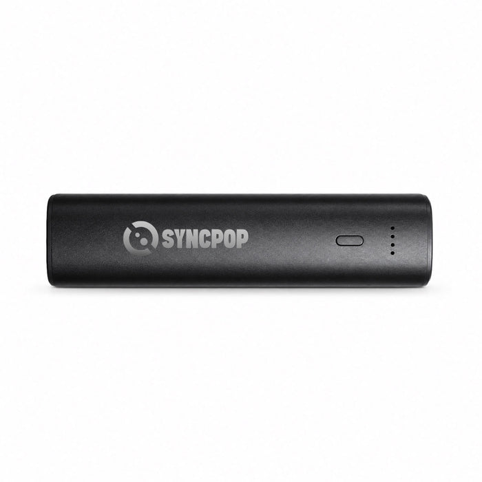 Tech Pack Charge - A black rechargeable battery pack with a logo and four indicator lights.
