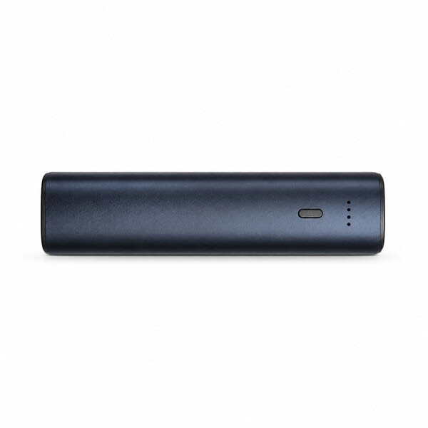 Tech Pack Charge - A sleek navy blue tech pack charger with a minimal design and indicator lights. Features a logo on the side.