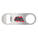 The Knock Off for Christmas Pack - A silver bottle opener with a rounded edge and a logo featuring red and black text.