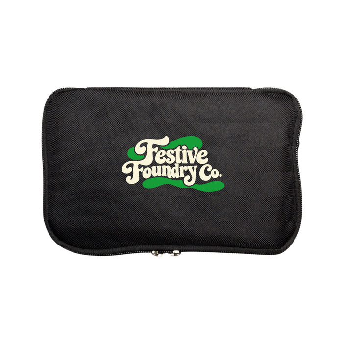 The Knock Off for Christmas Pack - A black pouch with a logo on the front, featuring a zip closure and a compact design.