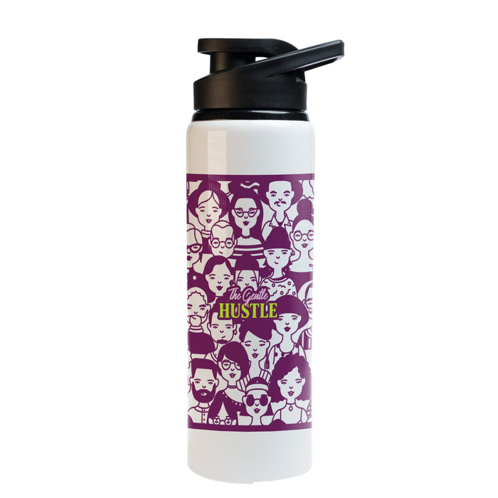 The Hustle Pack - A drink bottle in white with a purple design featuring various illustrated faces. It has a black spout and lid.