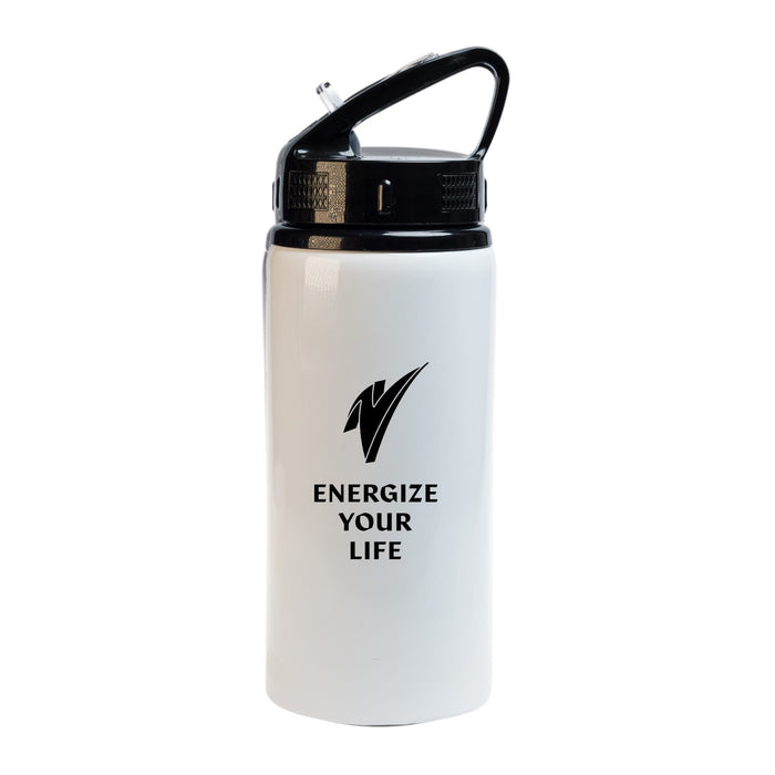 The Game Day Pack - A drink bottle in white with a black lid and handle, featuring a logo and motivational text.