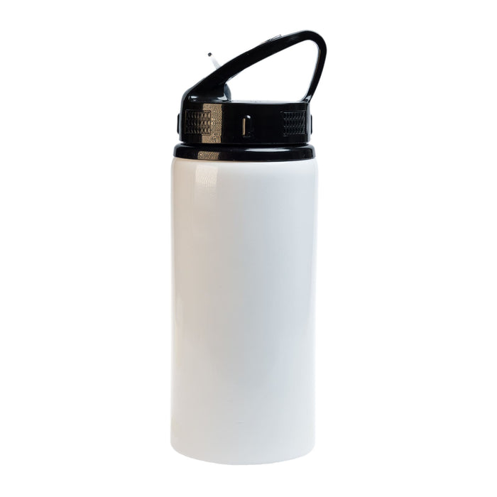 The Game Day Pack - A drink bottle in white with a black lid and handle, featuring a built-in straw and branding on the lid.