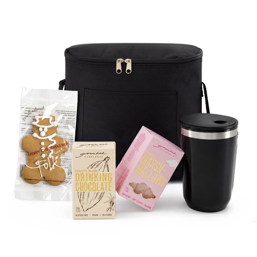 The Pause Pack: Christmas Edition - A black cooler bag containing drinking chocolate, gingerbread, marshmallow treats, and a black insulated drink bottle.