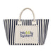 The Good Stuff Pack - A striped tote bag in navy and cream featuring a pocket with a logo. The bag has sturdy handles for carrying.