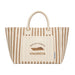 The Weekend Edit - A striped tote bag in beige and cream with a logo and a large front pocket.