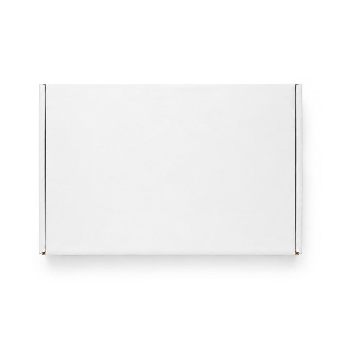 Custom Box with Locking Lid 300 x 210 x 70mm - A white custom box with a locking lid, measuring 300 x 210 x 70mm, featuring a simple design and metallic accents.