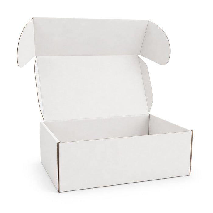 Custom Box with Locking Lid 410 x 255 x 150mm - A white custom box with a locking lid, measuring 410 x 255 x 150mm, featuring an open top design and visible branding.